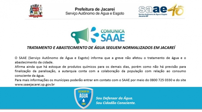 TRATAMENTO E ABASTECIMENTO DE ÁGUA SEGUEM NORMALIZADOS EM JACAREÍ