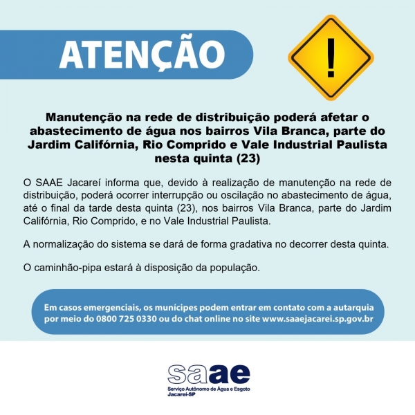 Atenção! Manutenção do SAAE nesta quinta-feira (23/03)