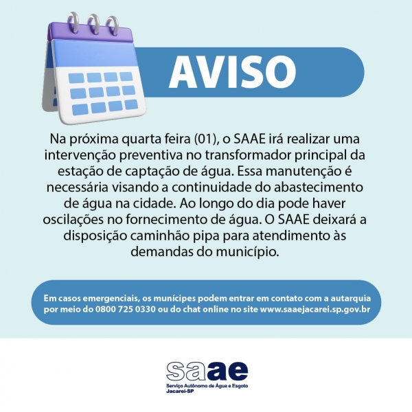 Atenção! Manutenção do SAAE nesta quarta-feira (01/03)