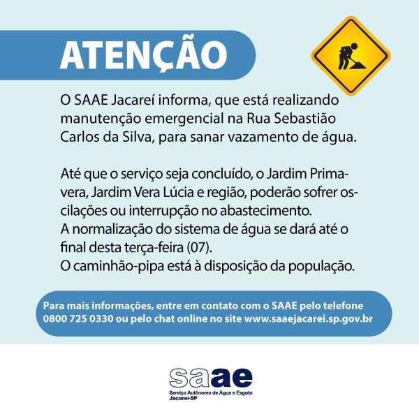 Atenção! Manutenção do SAAE nesta terça-feira (07)