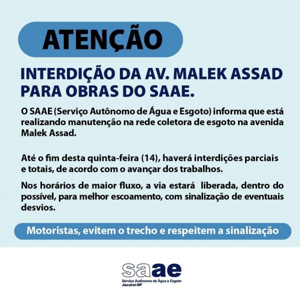 Av. Malek Assad é interditada para obras de saneamento até 14/04